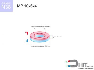 magnes neodymowy pierścieniowy MP 10x6x4 N38  MP 10x6x4 N38 magnes neodymowy pierścieniowy