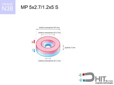 magnes neodymowy pierścieniowy MP 5x2.7/1.2x5 S N38  MP 5x2.7/1.2x5 S N38 magnes neodymowy pierścieniowy