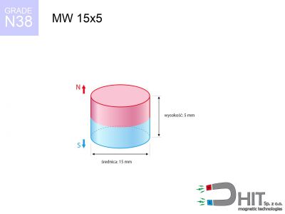 magnes neodymowy walcowy MW 15x5 N38  MW 15x5 N38 magnes neodymowy walcowy