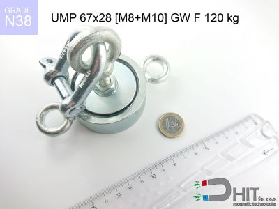 UMP 67x28 [M8+M10] GW F120 kg N38 - neodymowe magnesy do poszukiwań w wodzie